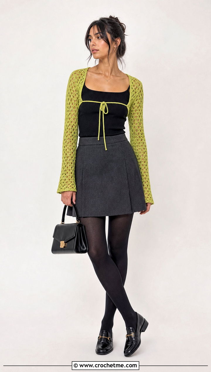 Bolero Crochet Fairy Grunge Top With Ribbed Tank And Tailored Mini Skirt - 20 Crochet Fairy Grunge Top outfit ideas