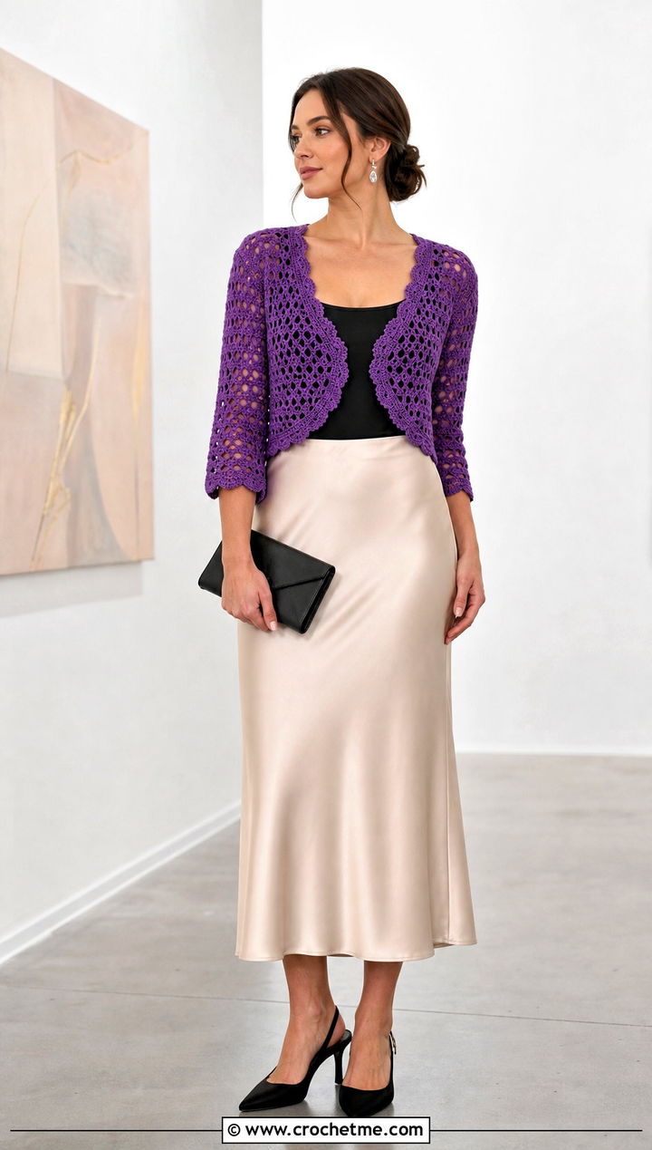 Bolero Crochet One Piece Cardigan With Satin Midi Skirt - 30 crochet one piece cardigan outfit ideas