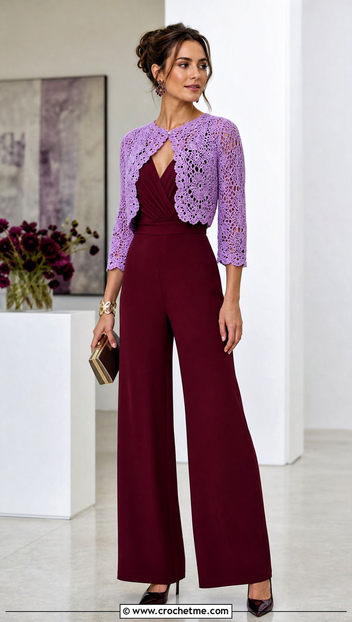 Bolero Crochet Sweater Shawl With Wide Leg Jumpsuit - 25 crochet sweater shawl outfit ideas