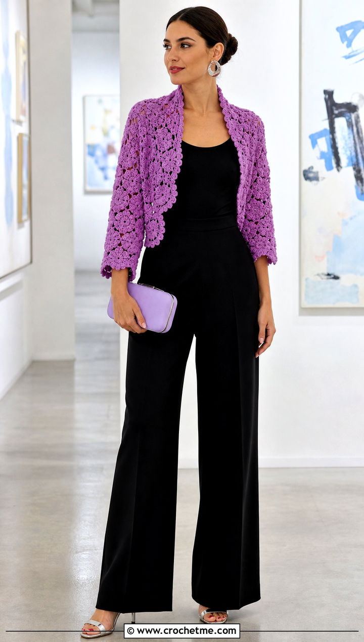 Bolero Crochet Sweater Wrap With Jumpsuit - 30 crochet sweater wrap outfit ideas