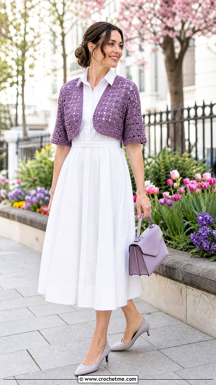 Bolero Crochet Wrap With Poplin Midi Dress - 35 crochet wrap outfit ideas
