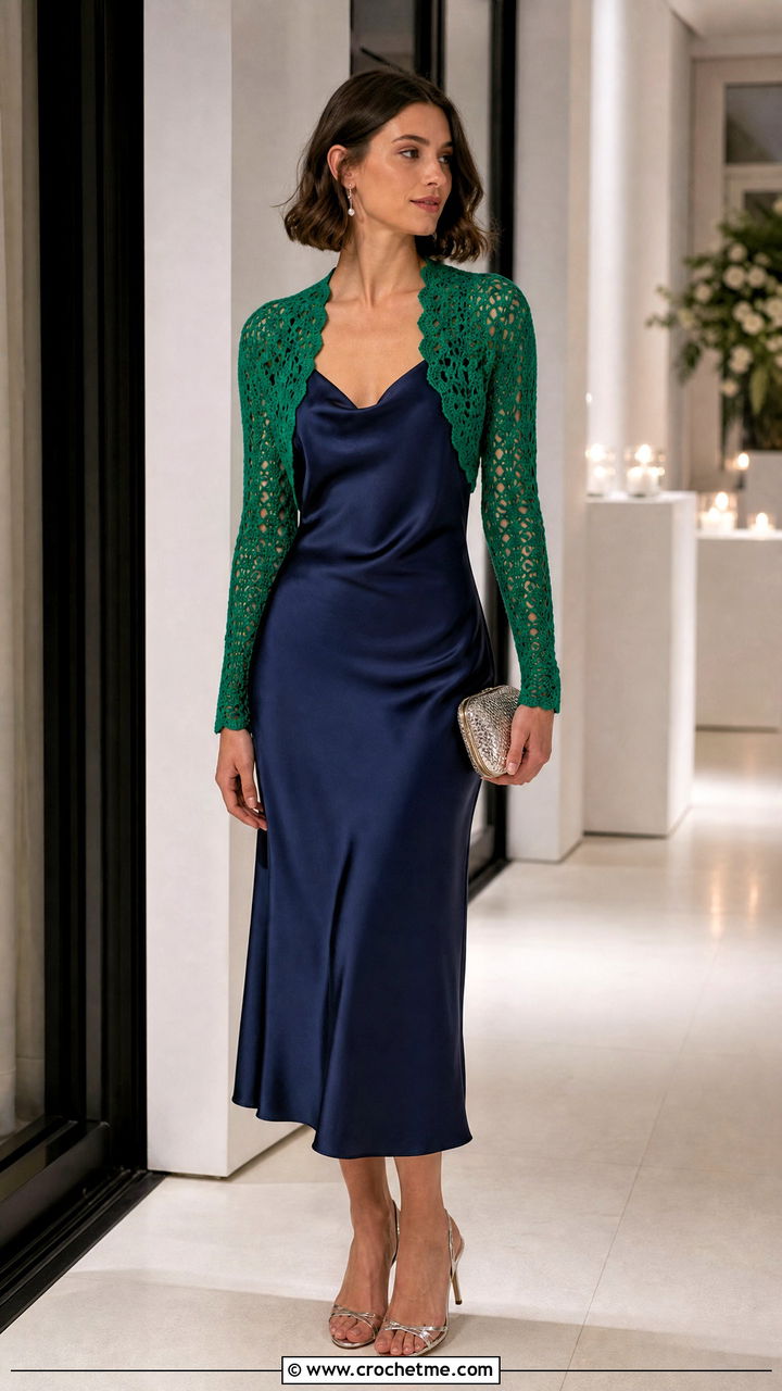 Bolero Green Crochet Cardigan With a Slip Dress - 35 green crochet cardigan outfit ideas