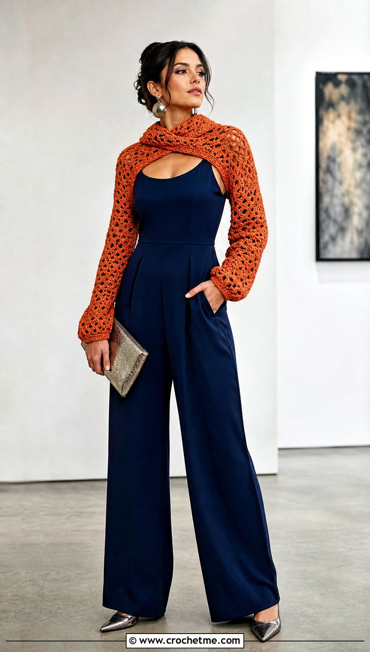 Bolero Style Crochet Sweater Scarf With Sleeves And Jumpsuit - 25 crochet sweater scarf with sleeves outfit ideas