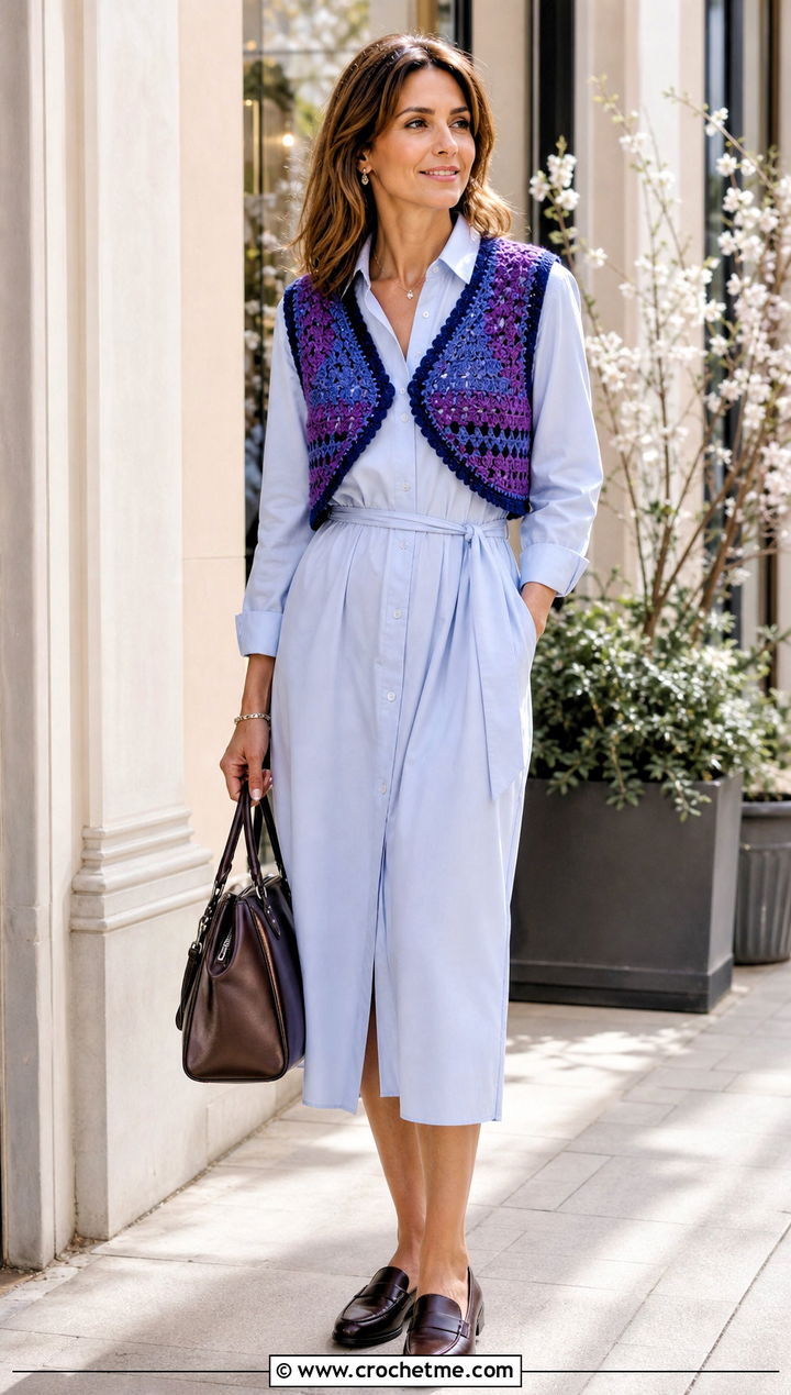 Bolero Style Crochet Vest With a Shirt Dress - 20 Lacy Crochet Vest outfit ideas