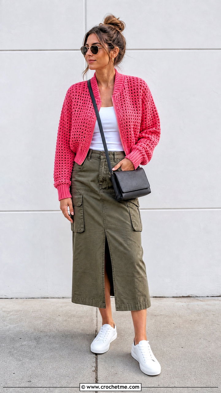 Bomber Crochet Cardigan With Cargo Skirt - 35 crochet cardigans for women outfit ideas