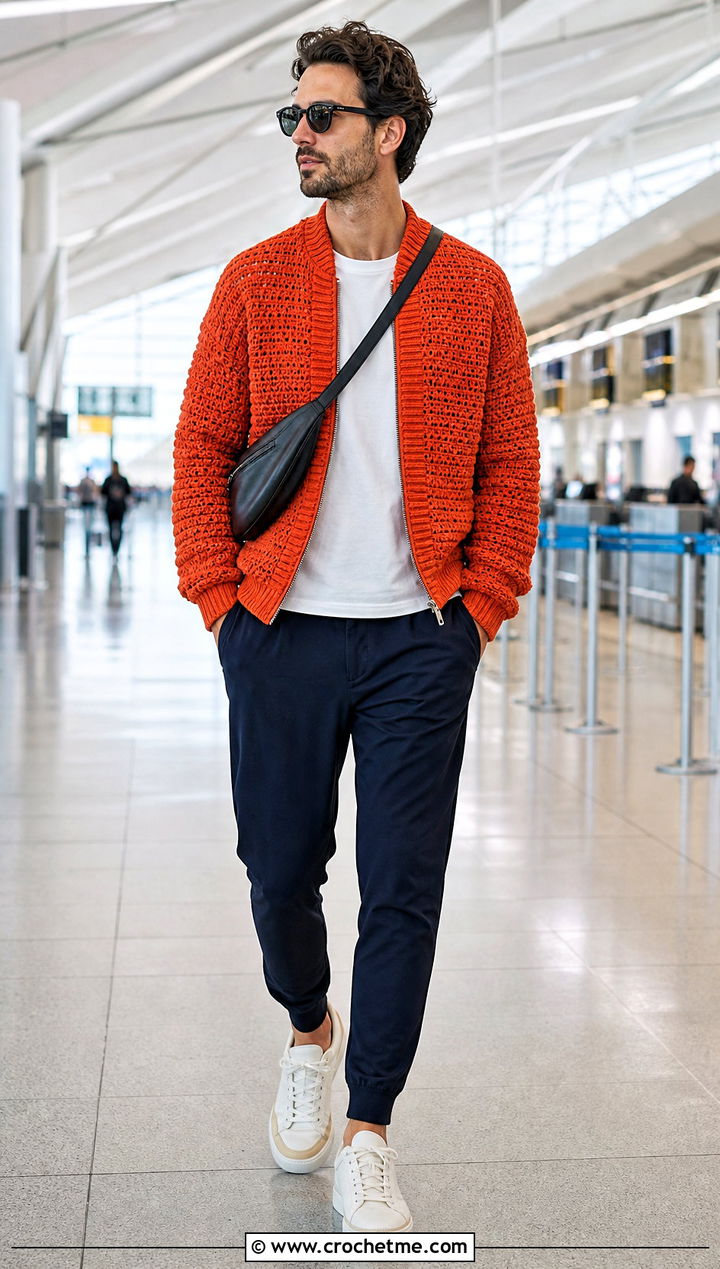 Bomber Crochet Cardigan With Joggers - 30 crochet man cardigan outfit ideas