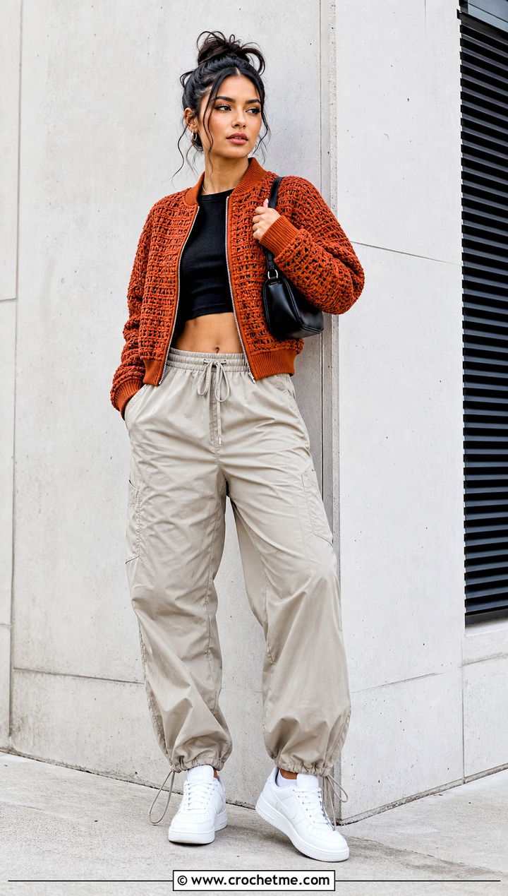 Bomber Crochet Tweed Jacket With Parachute Pants - 30 crochet tweed jacket outfit ideas