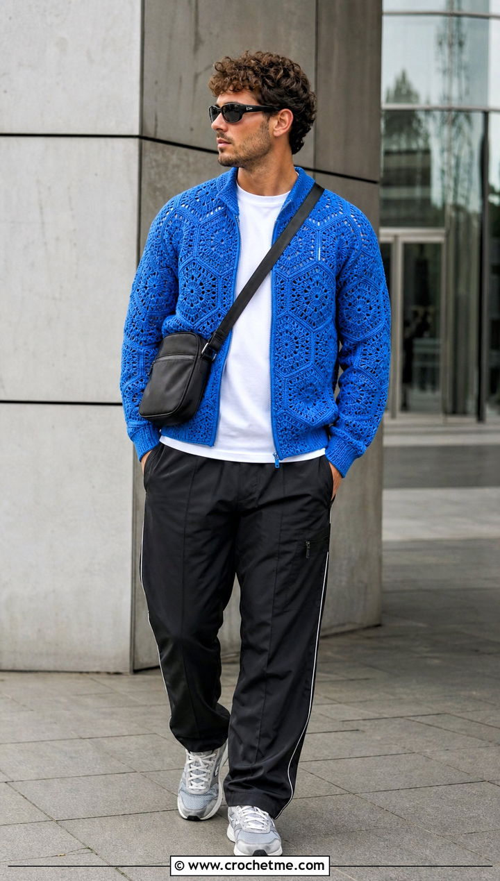 Bomber Shape Hexagon Crochet Cardigan With Track Pants - 35 men hexagon crochet cardigan outfit ideas