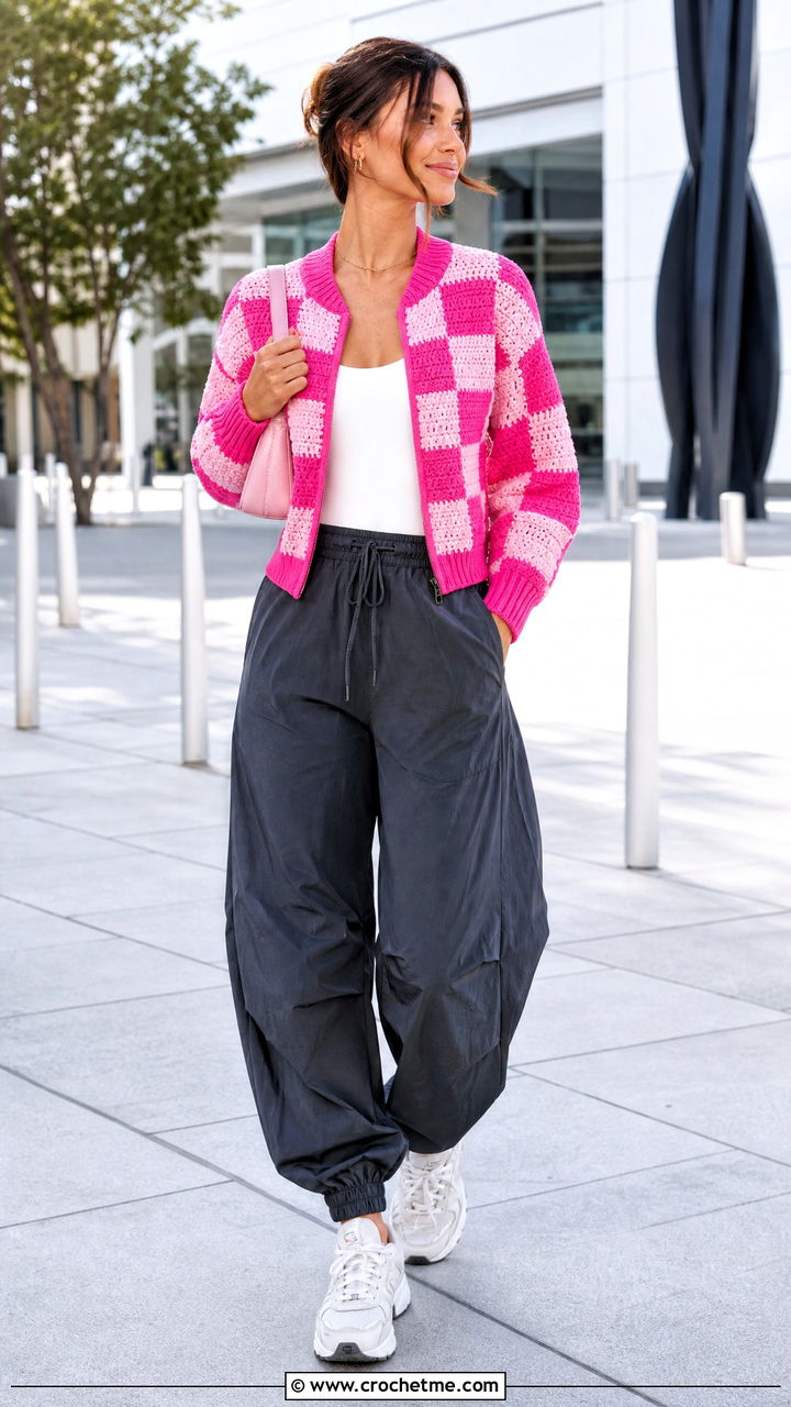 Bomber Style Crochet Checkered Cardigan With Parachute Pants - 35 crochet checkered cardigan outfit ideas