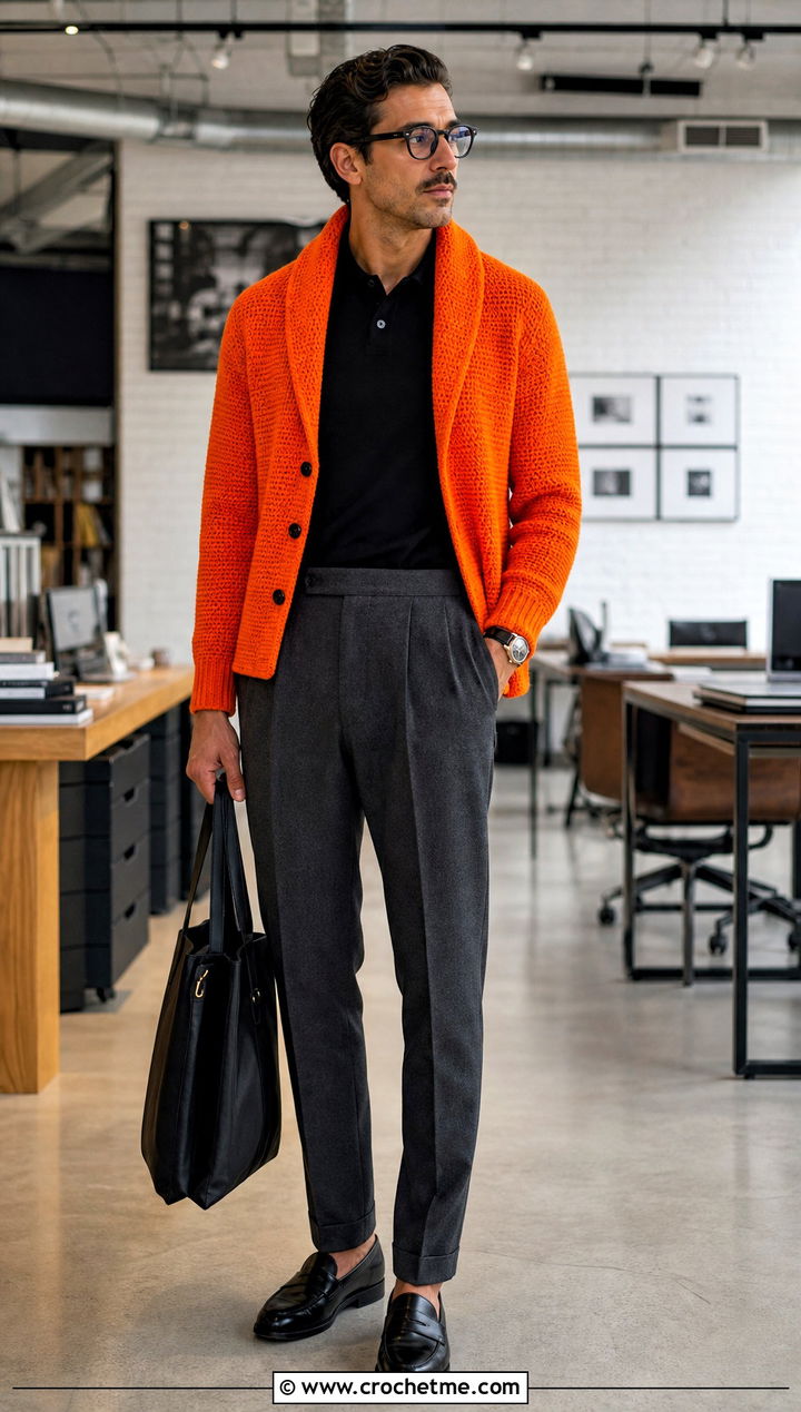 Bomber Style Crochet Shawl Collar Cardigan With Suit Pants - 20 Mens Crochet Shawl Collar Cardigan outfit ideas
