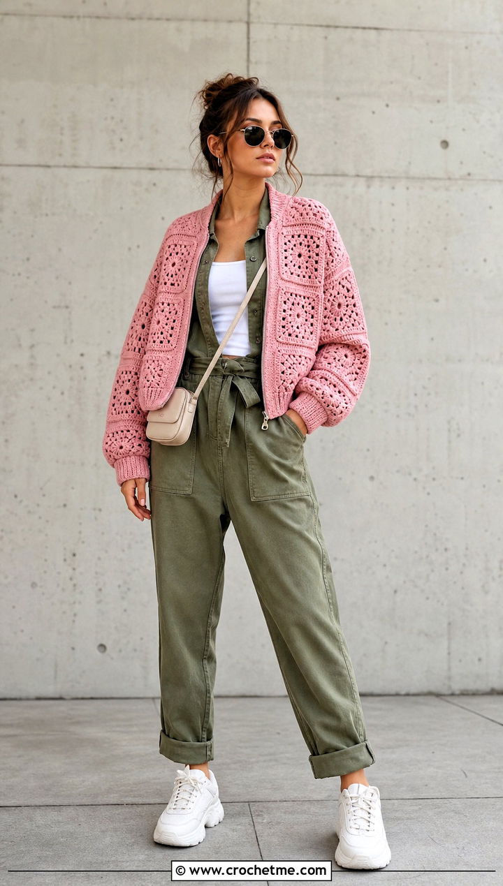 Bomber Style Solid Granny Square Cardigan With Utility Jumpsuit - 20 Crochet Solid Granny Square Cardigan outfit ideas