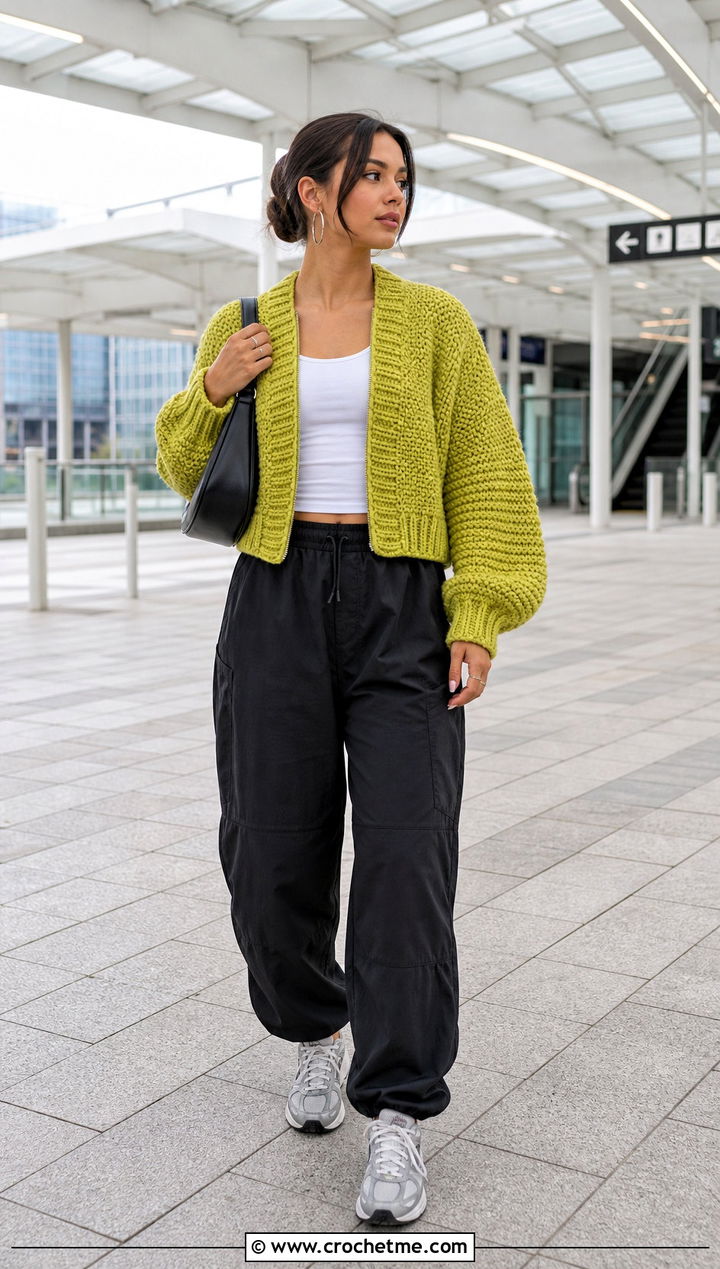 Bomber Thick Yarn Crochet Cardigan With Parachute Pants - 25 Thick Yarn Crochet Cardigan outfit ideas