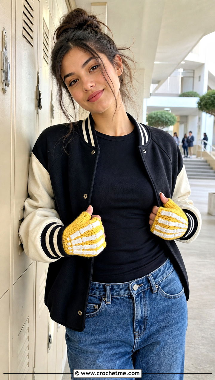 Bone Applique Skeleton Crochet Fingerless Gloves With Varsity Jacket - 15 Skeleton Crochet Fingerless Gloves outfit ideas