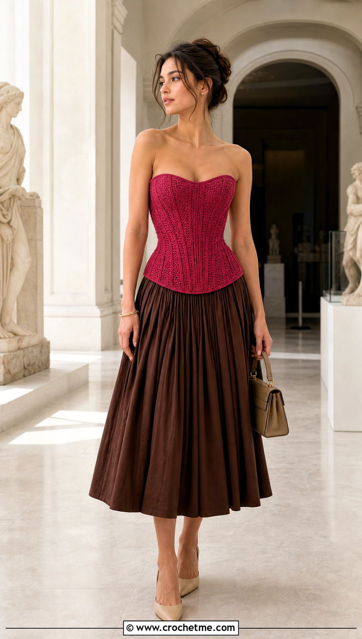 Boned Crochet Corset With A Pleated Midi Skirt - 25 easy crochet corset outfit ideas