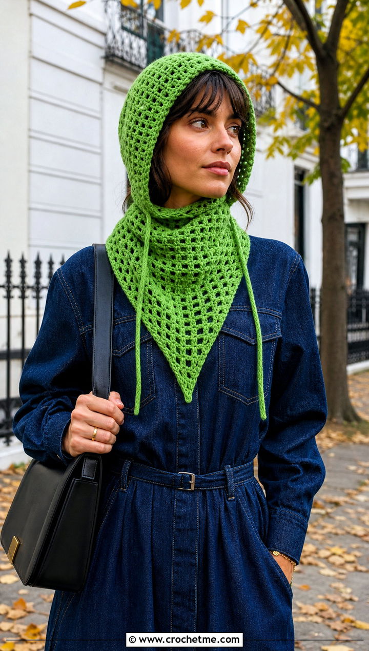 Bonnet And Triangle Scarf With Denim Dress - 30 crochet hat and scarf outfit ideas