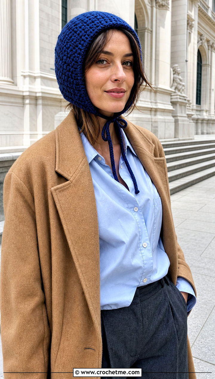 Bonnet Crochet Beanie With Long Coat And Loafers - 30 crochet fall beanie outfit ideas