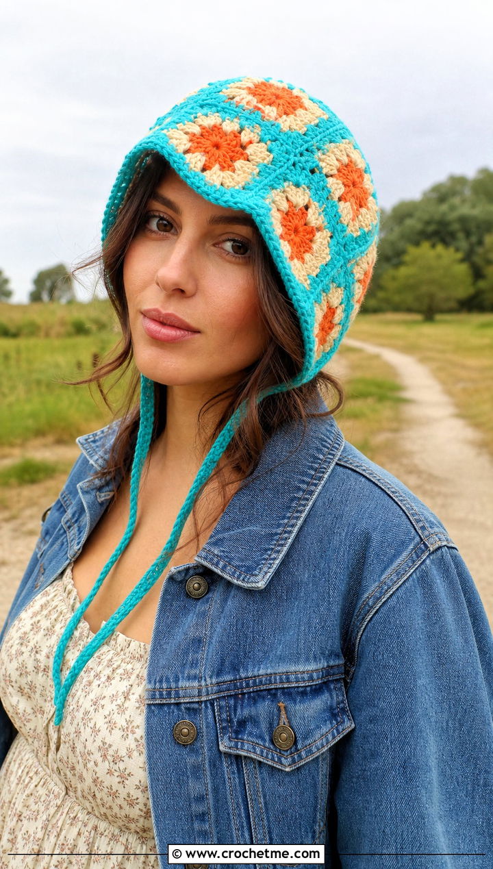 Bonnet Granny Square Crochet Beanie With Prairie Dress And Lace Up Boots - 30 granny square crochet beanie outfit ideas