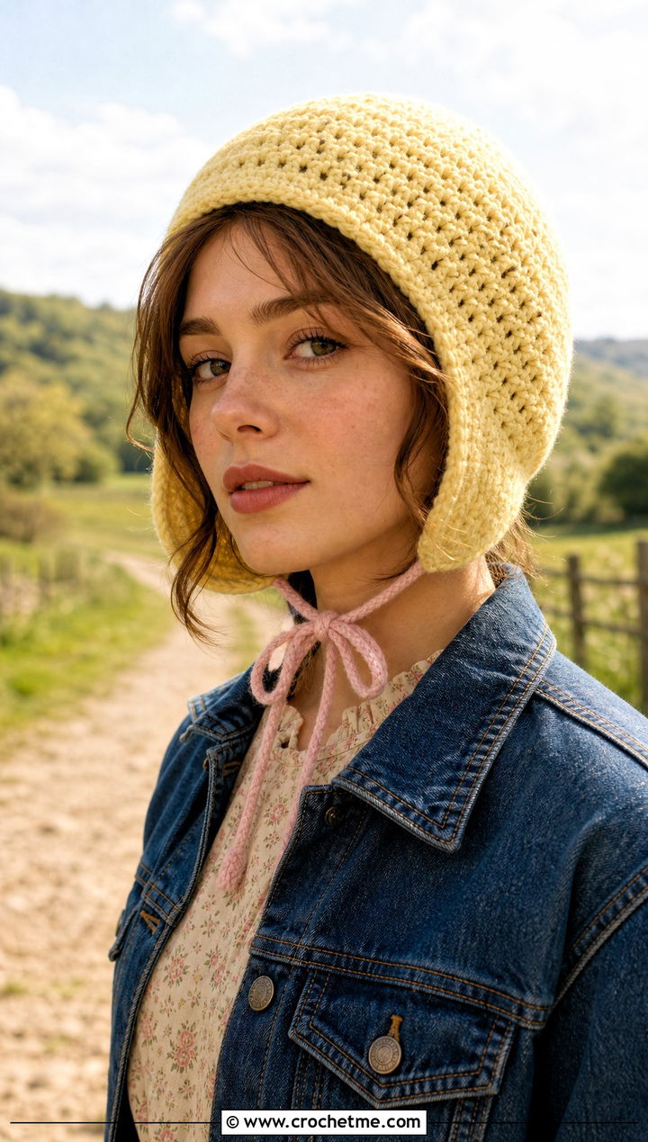 Bonnet Style Crochet Ear Flap Hat With Prairie Dress - 30 crochet adult ear flap hat outfit ideas