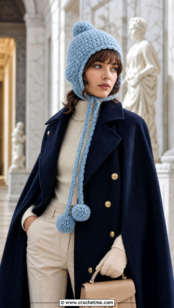 Bonnet Style Pom Pom Crochet Hat With Cape Coat And Trousers - 30 crochet hat with pom pom outfit ideas