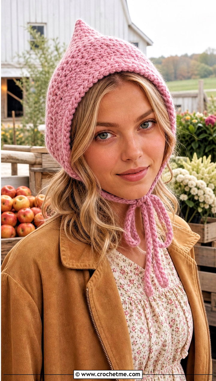 Bonnet Tie Crochet Pointed Hat With Prairie Dress - 25 Crochet Pointed Hat outfit ideas