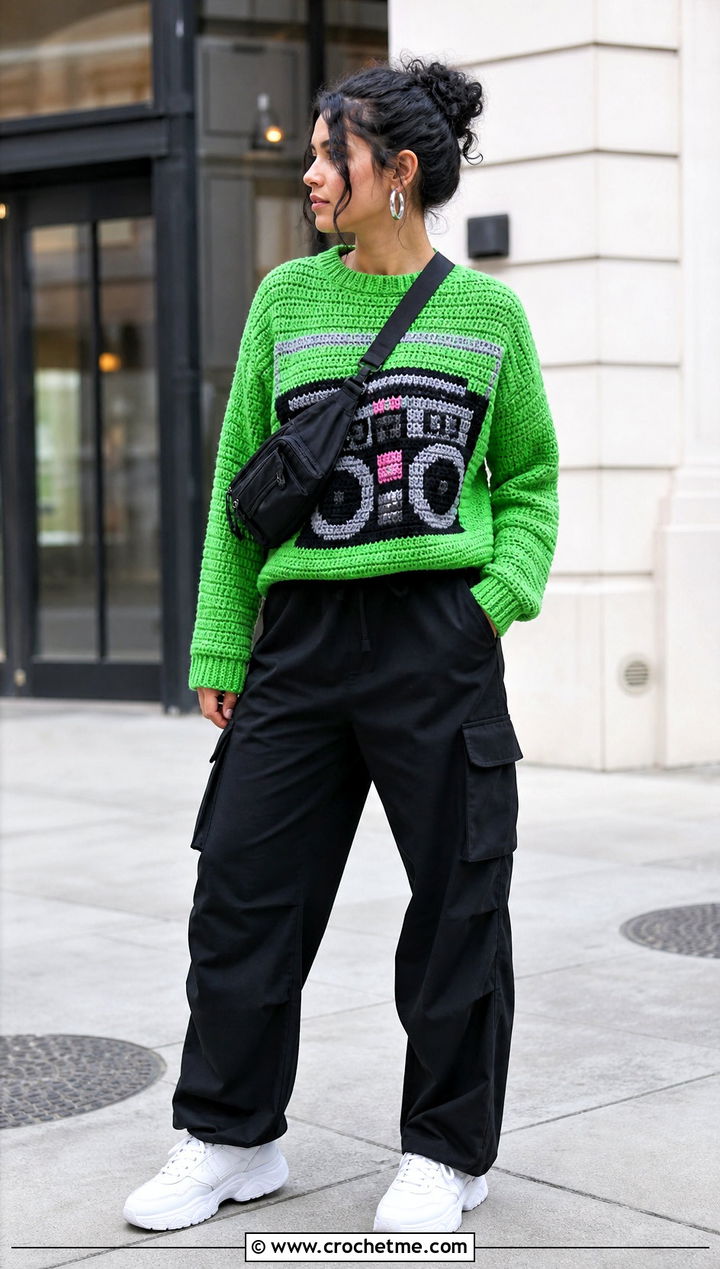Boom Box Crochet Mabel Pines Sweater With Cargo Pants - 30 crochet mabel pines sweater outfit ideas