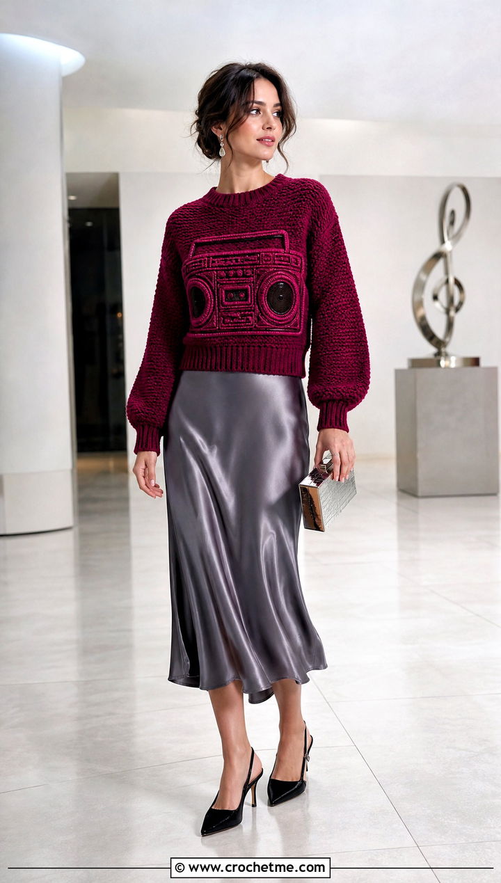 Boombox Crochet Mabel Pines Sweater With Satin Midi Skirt - 15 Crochet Mable Pines Sweater outfit ideas