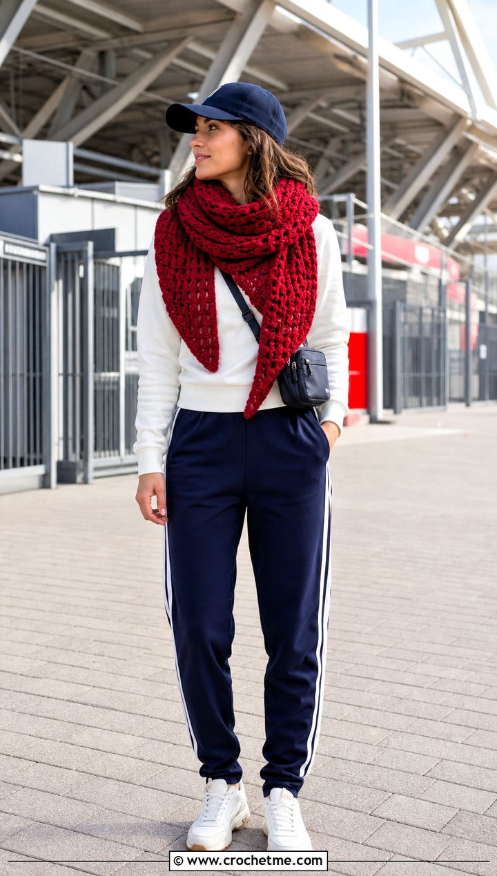 Boomerang Bulky Yarn Crochet Shawl With Track Pants - 20 Bulky Yarn Crochet Shawl outfit ideas