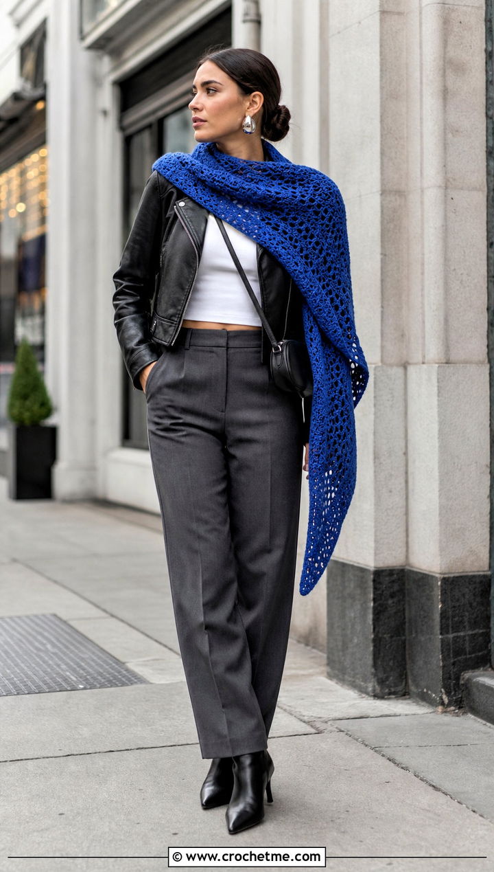 Boomerang Crochet Blanket Shawl With Moto Jacket - 30 crochet blanket shawl outfit ideas