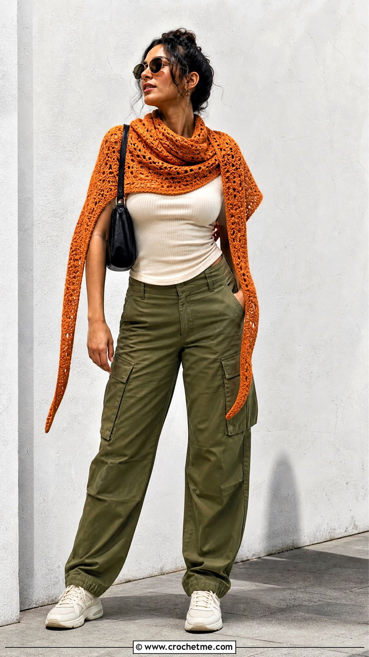 Boomerang Crochet Shawl With Cargo Pants - 35 crochet shawls and wraps outfit ideas