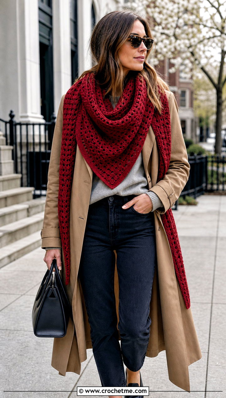 Boomerang Crochet Shawl With Trench Coat - 25 beautiful crochet shawls and wraps outfit ideas