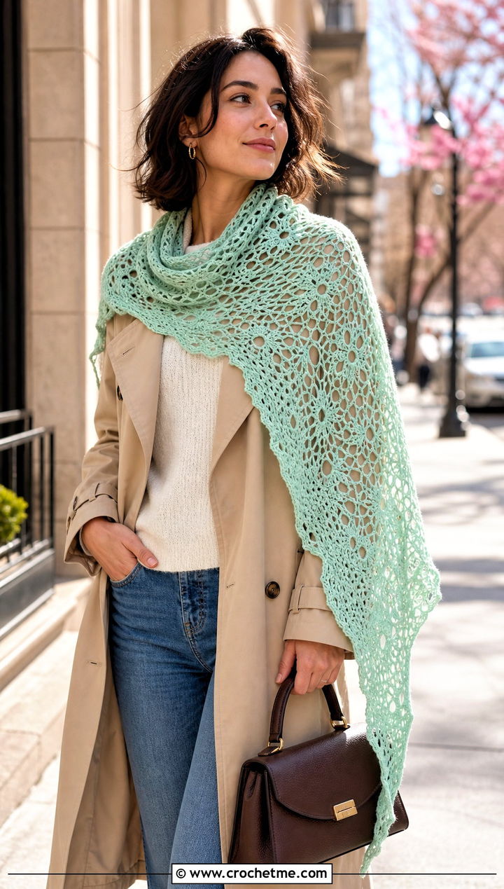 Boomerang Crochet Spiderweb Shawl With Trench Coat - 30 Crochet Spiderweb Shawl outfit ideas