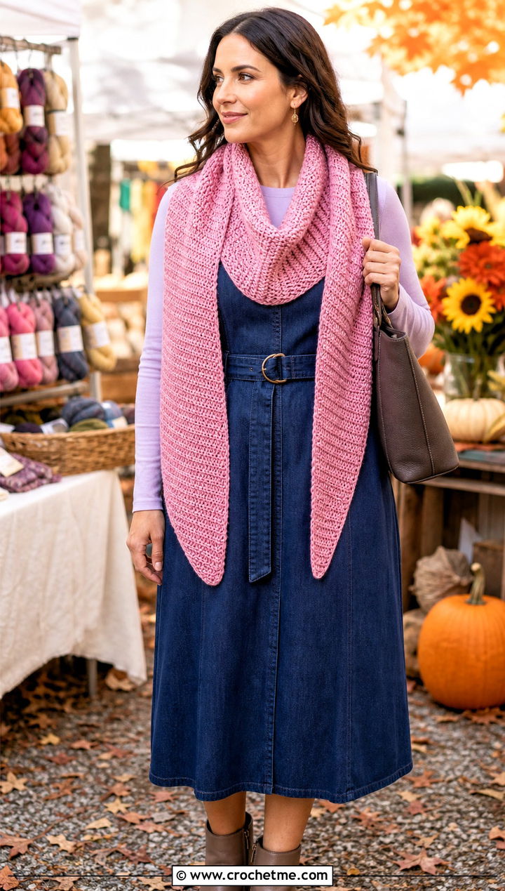 Boomerang Tunisian Crochet Scarf With Denim Dress and Ankle Boots - 20 Easy Tunisian Crochet Scarf outfit ideas