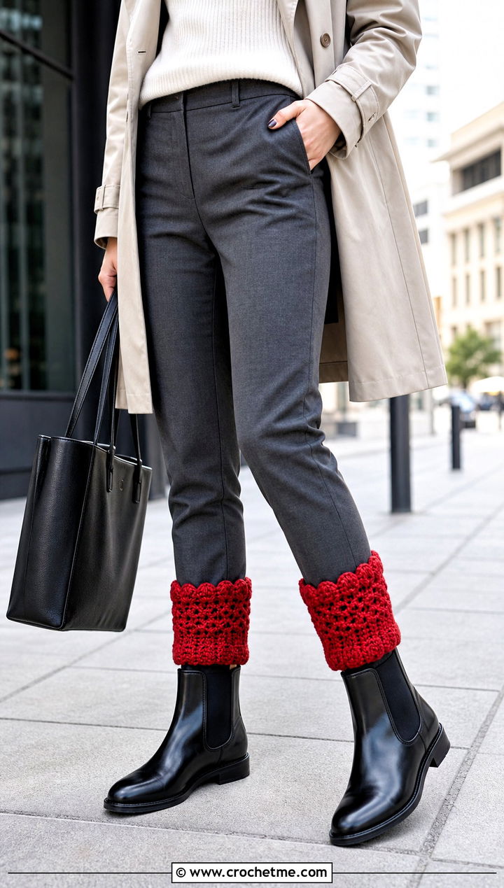 Boot Cuff Crochet Leg Warmers With Trench Coat And Slim Pants - 25 Crochet Legwarmer outfit ideas