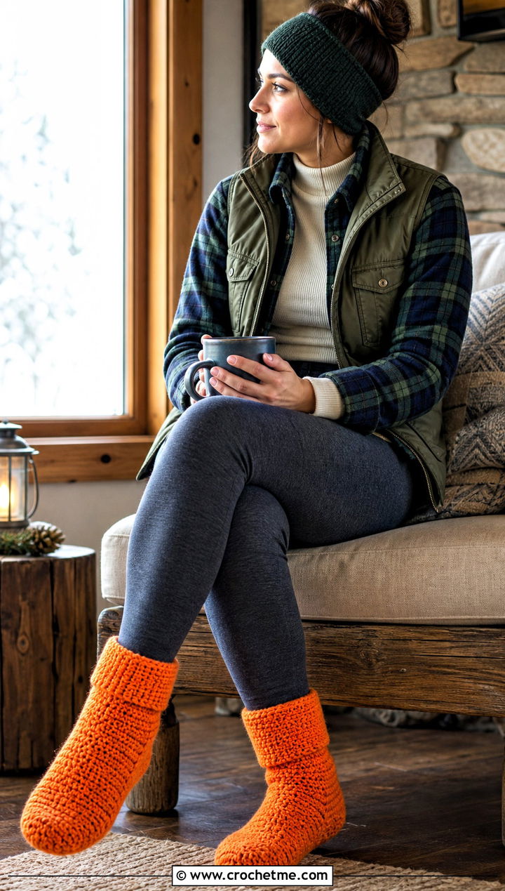 Boot Style Chunky Crochet Slipper Socks With Flannel Shirt - 15 chunky crochet slipper socks outfit ideas