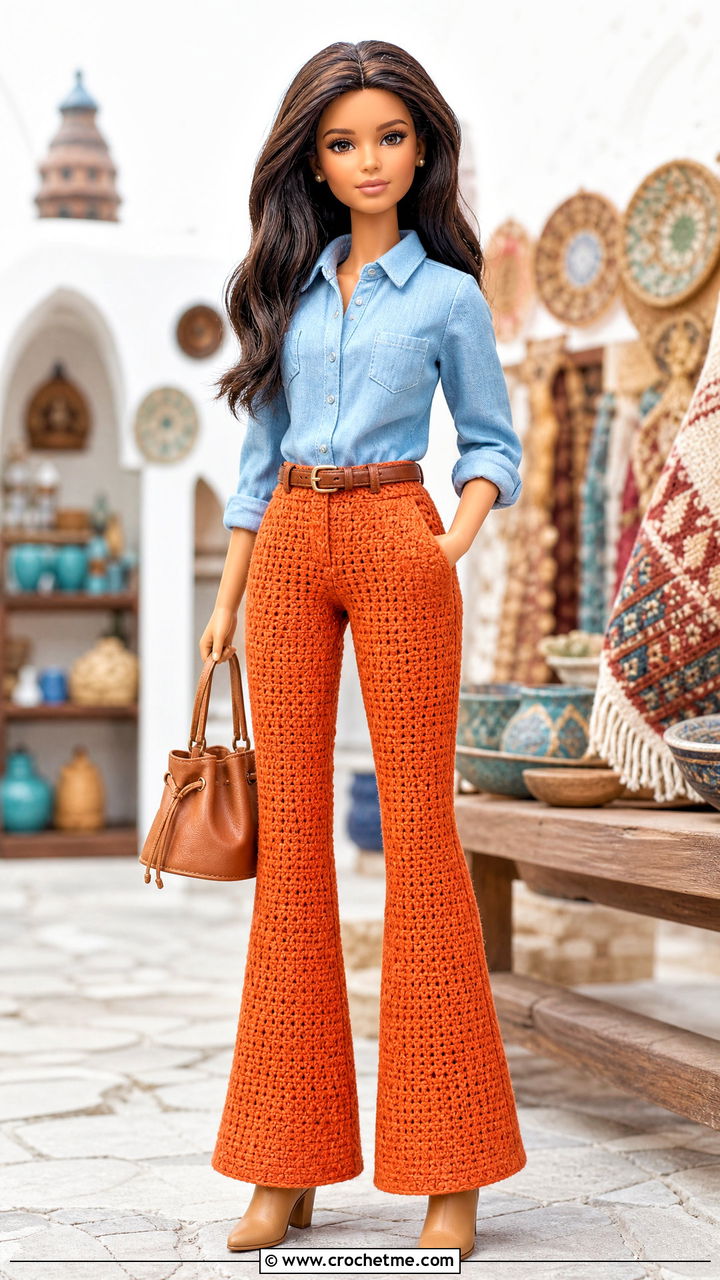 Bootcut Crochet Doll Pants With Chambray Shirt - 35 crochet doll pants outfit ideas