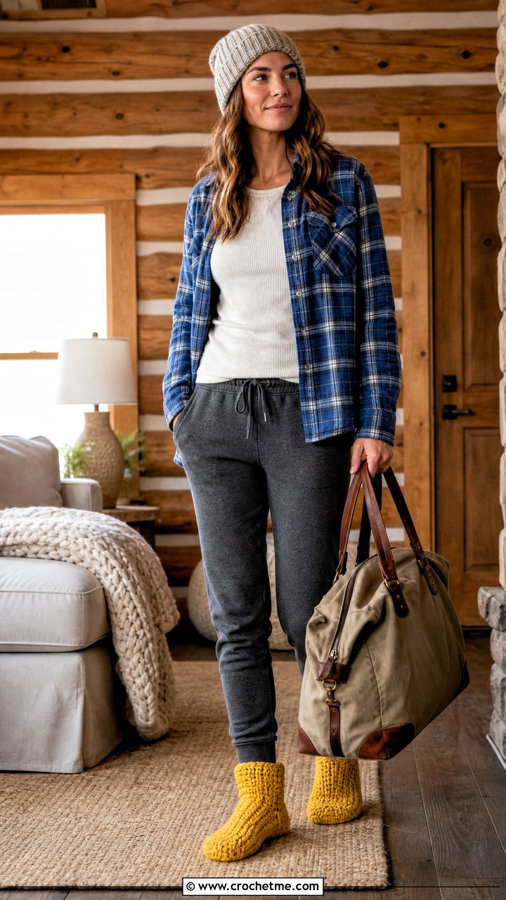 Bootie Bed Socks With Flannel Shirt And Joggers - 35 crochet bed socks outfit ideas