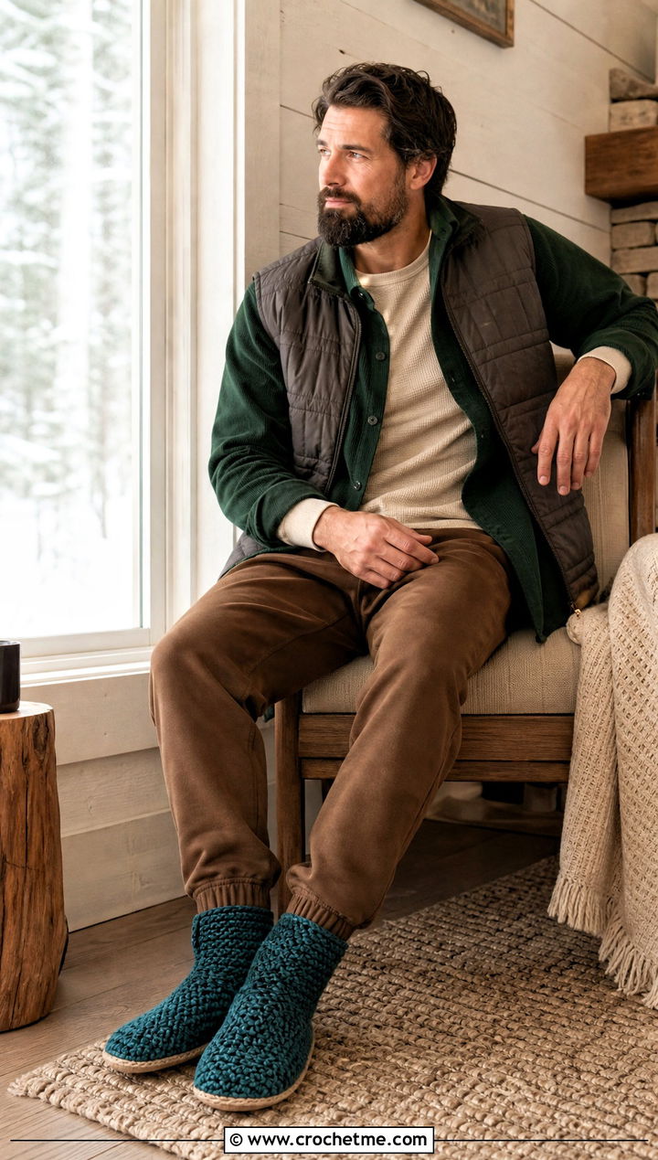 Bootie Crochet Mens Slippers With a Cabin Outfit - 30 crochet men's slippers outfit ideas
