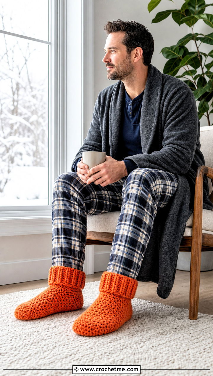 Bootie Crochet Slippers With Flannel Pajamas - 25 crochet slippers for men outfit ideas