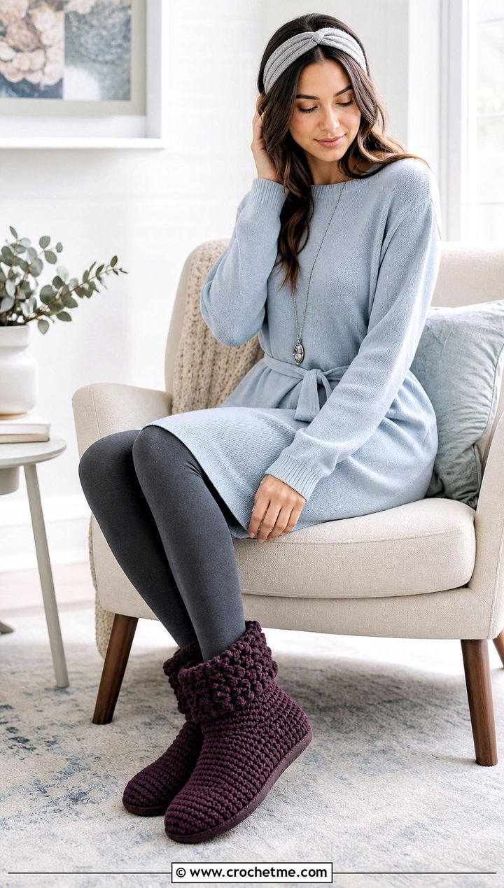 Bootie Crochet Slippers With Sweater Dress And Tights - 25 Quick And Easy Crochet Slippers outfit ideas