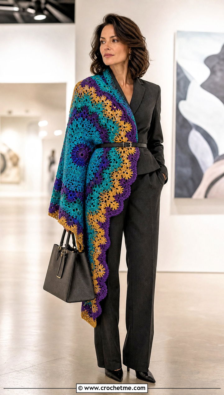 Bordered Mandala Yarn Crochet Shawl With Monochrome Suit - 20 Mandala Yarn Crochet Shawl outfit ideas