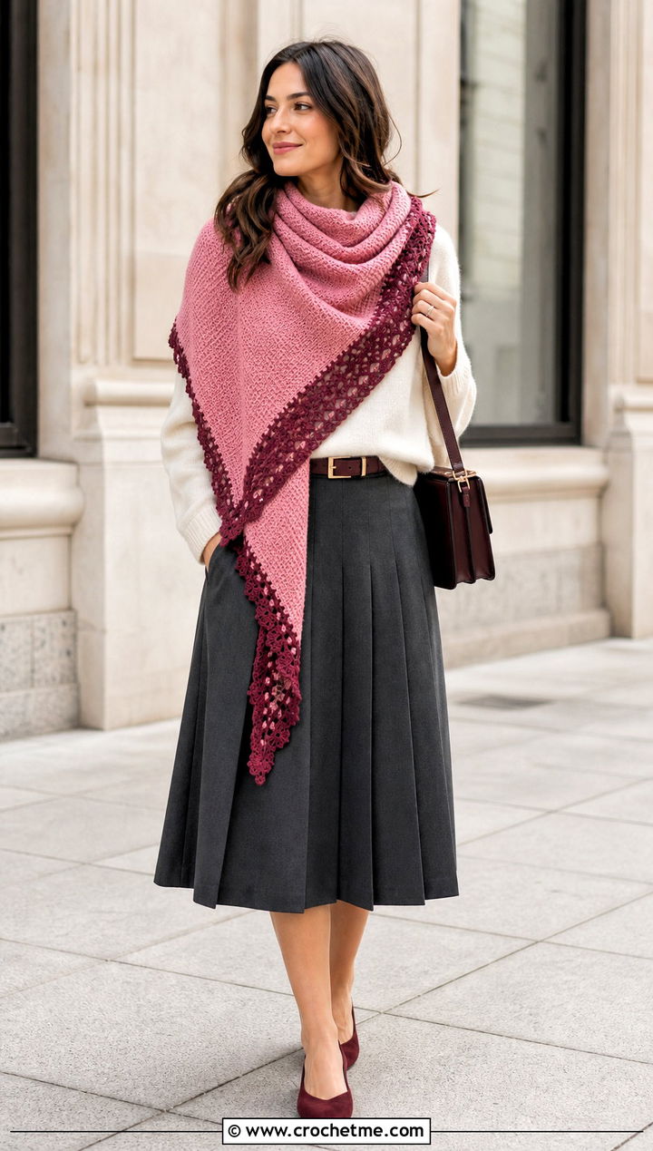 Bordered Triangle Tunisian Shawl With Pleated Midi Skirt - 35 tunisian crochet shawl outfit ideas