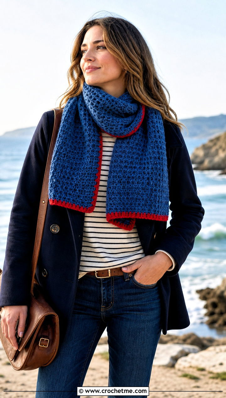 Bordered Waffle Crochet Scarf With Peacoat - 25 Waffle Crochet Scarf outfit ideas