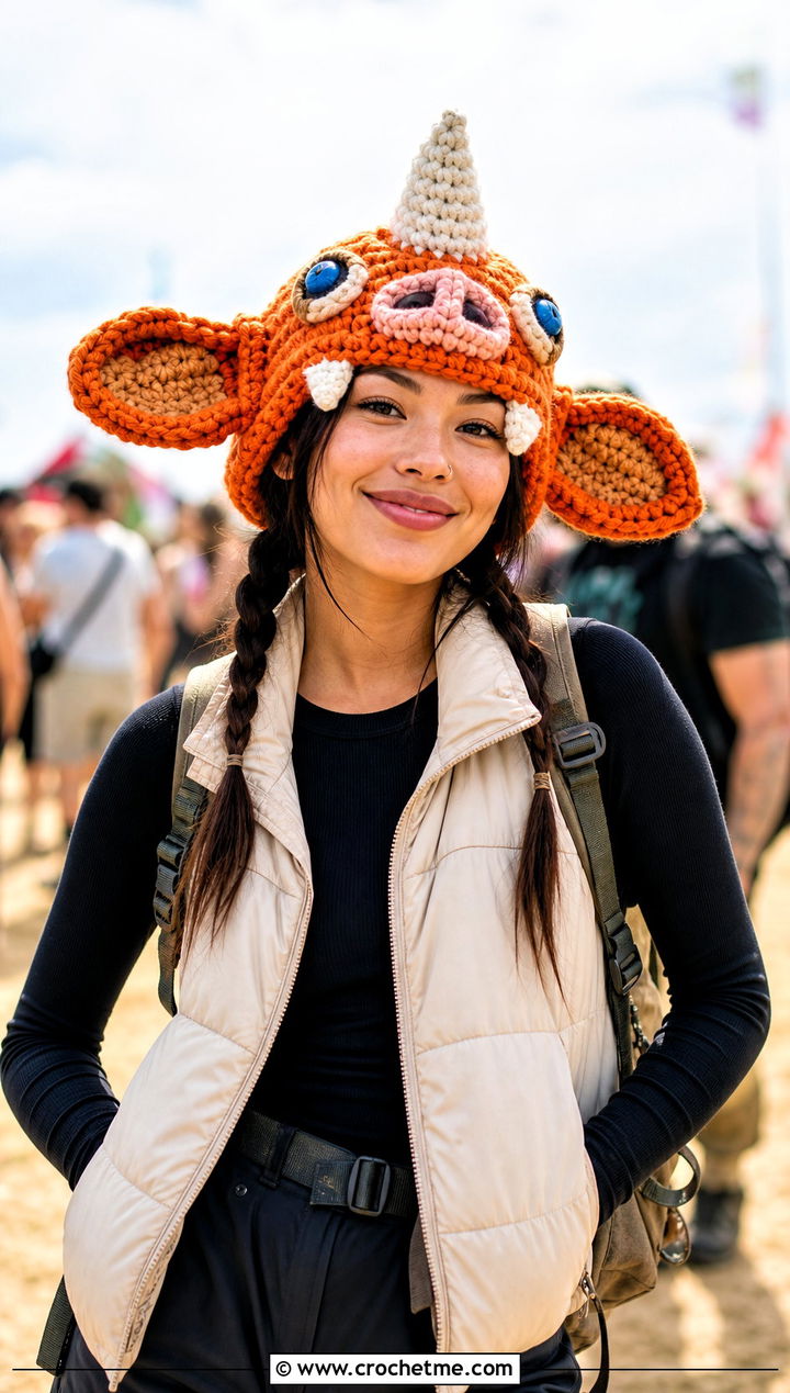 Boss Bokoblin Oversized Crochet Hat With Puffer Vest - 15 Bokoblin Crochet Hat outfit ideas