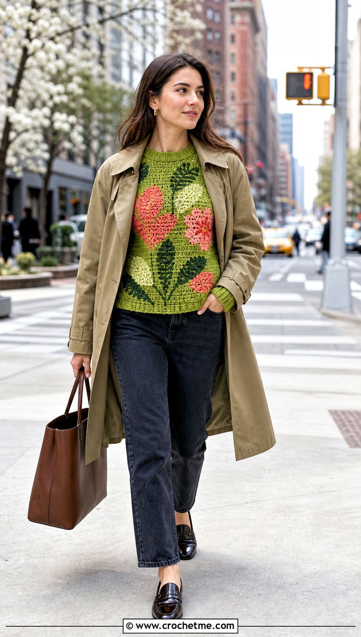 Botanical Crochet Graph Sweater With Khaki Trench Coat - 30 crochet graph sweater outfit ideas