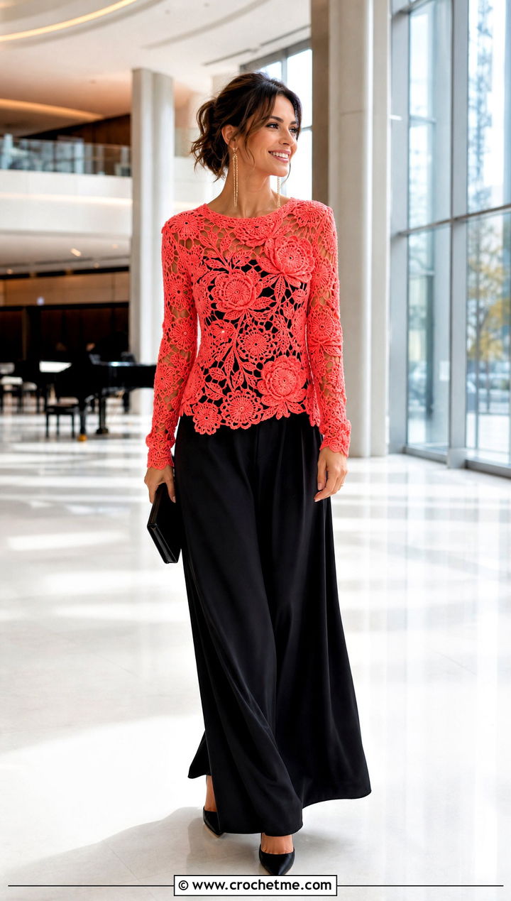 Botanical Flower Crochet Sweater With Palazzo Pants - 35 crochet sweater with flowers outfit ideas