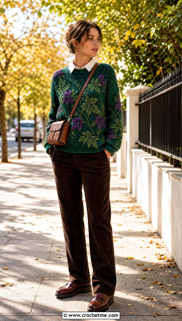 Botanical Leaf Crochet Sweater With Corduroy Pants - 25 Patterned Crochet Sweater outfit ideas