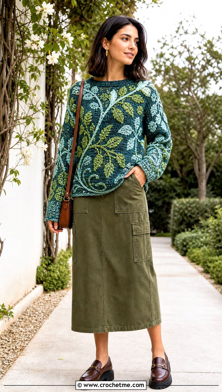 Botanical Tapestry Crochet Jumper With Utility Skirt - 30 Tapestry Crochet Jumper outfit ideas
