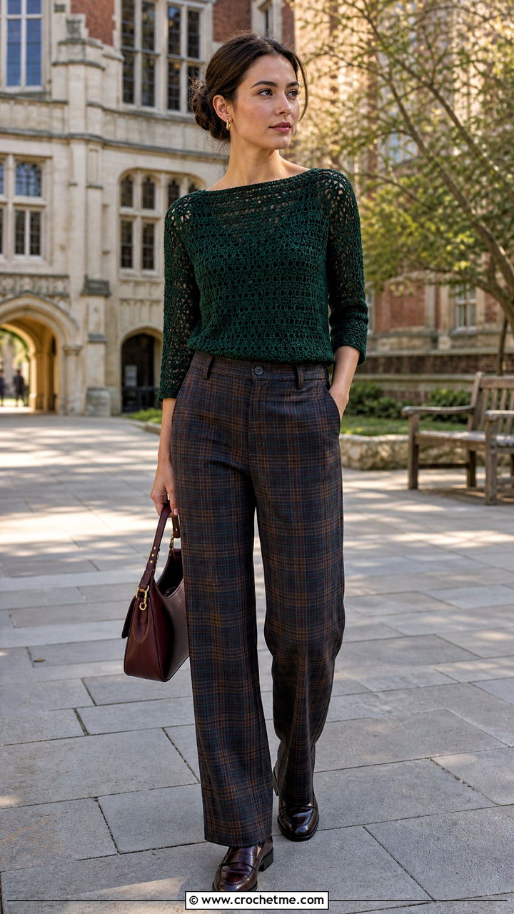 Bottle Green Crochet Boat Neck Top With Plaid Trousers - 35 crochet green top outfit ideas
