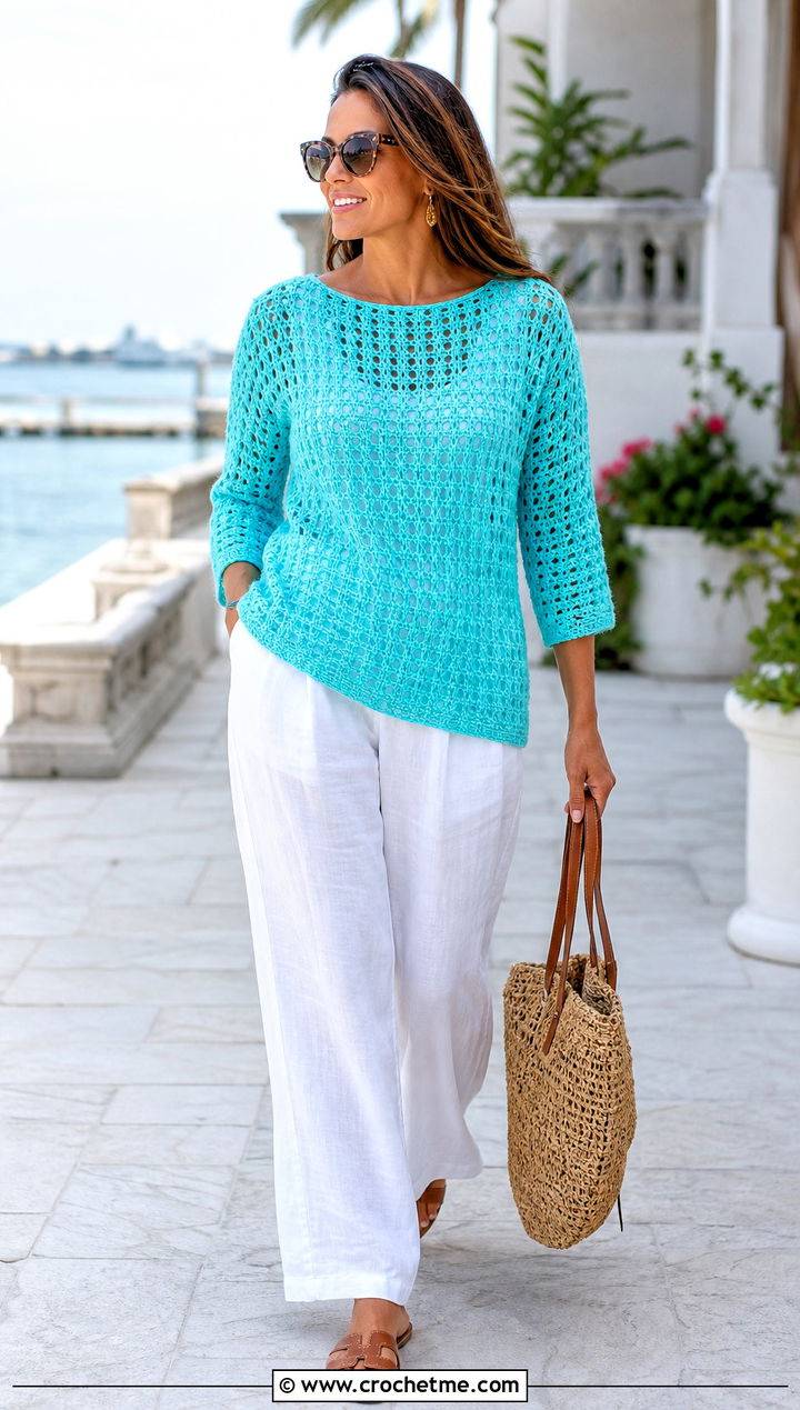 Bottom Up Boat Neck Crochet Sweater With Linen Trousers - 30 bottom up crochet sweater outfit ideas