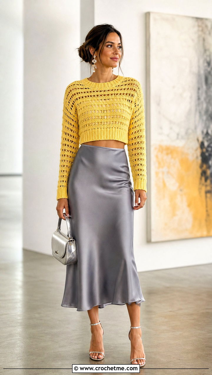 Bottom Up Cropped Crochet Sweater With Satin Midi Skirt - 30 bottom up crochet sweater outfit ideas